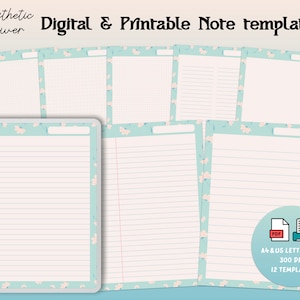Plantilla de notas digitales de flores estéticas - Imprimible, A4, carta estadounidense, Goodnotes, PDF