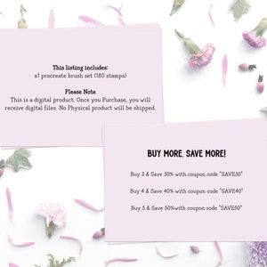 May include: A pink and white card with the text "This listing includes: x1 procreate brush set (180 stamps)" and "Please Note: This is a digital product. Once you Purchase, you will receive digital files. No Physical product will be shipped."  A second pink and white card with the text "BUY MORE, SAVE MORE!" and "Buy 3 & Save 30% with coupon code "SAVE30"" "Buy 4 & Save 40% with coupon code "SAVE40"" "Buy 5 & Save 50% with coupon code "SAVE50""