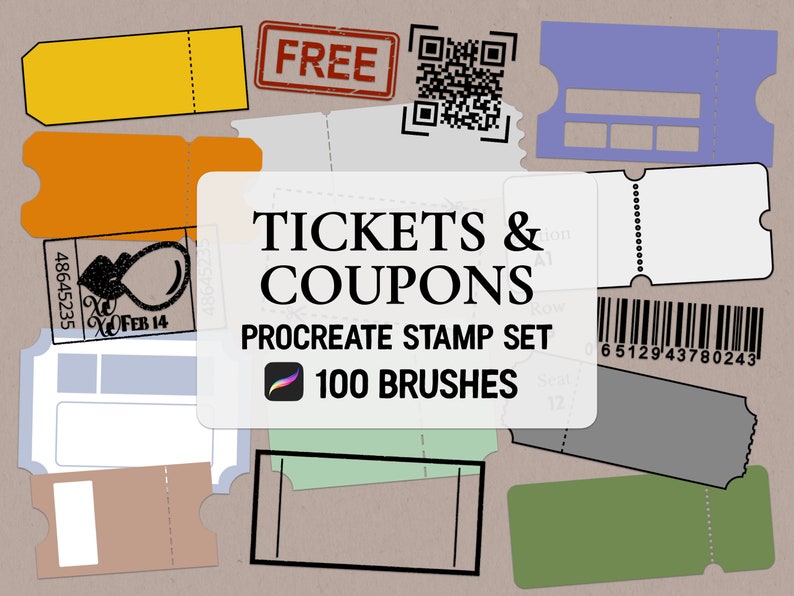 100 Tickets & Coupons Procreate Stamp brush Set image 1