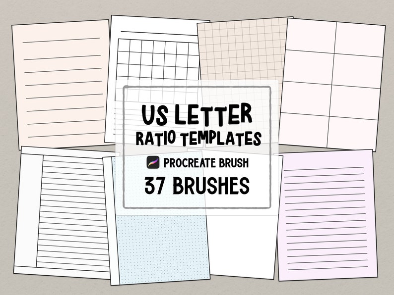 May include: A set of 37 Procreate brushes for creating US Letter sized templates. The image shows examples of lined, grid, and dotted paper templates.