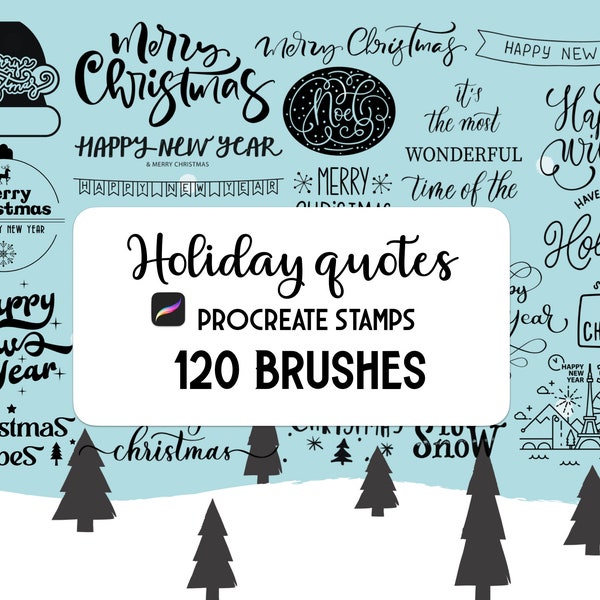 120 Merry Christmas & Happy New year Holiday quotes Word Art Procreate Stamp brush Set