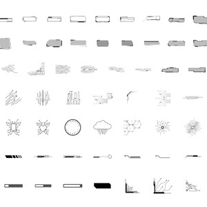 May include: A set of 48 black and white vector graphics featuring various shapes and designs, including rectangles, squares, arrows, and circuit board patterns. These graphics are ideal for use in digital design projects.