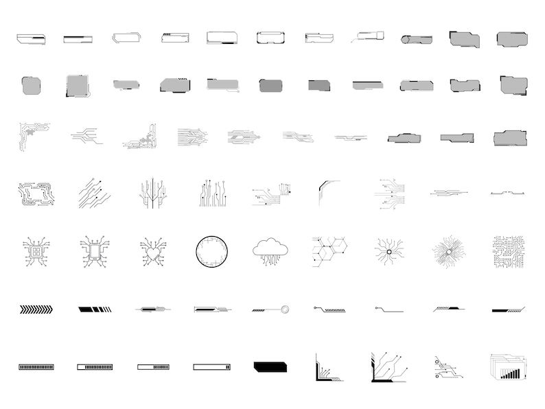 May include: A set of 48 black and white vector graphics featuring various shapes and designs, including rectangles, squares, arrows, and circuit board patterns. These graphics are ideal for use in digital design projects.