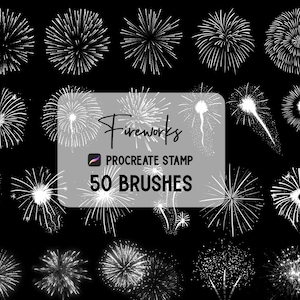 May include: A set of 50 Procreate stamp brushes featuring white fireworks in various shapes and sizes. The text "Fireworks" and "50 Brushes" is displayed on a gray rectangle.