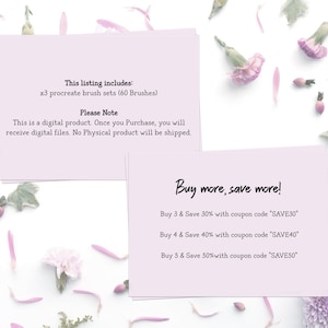 May include: Two light purple cards with text on a white background decorated with pink flower petals and green leaves. The cards read "This listing includes: x3 procreate brush sets (60 Brushes)" and "Buy more, save more!"
