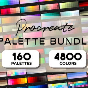 Peut inclure: Image d'un pack de palettes pour Procreate, comprenant 160 palettes et 4800 couleurs. L'image présente une grille d'échantillons de couleurs, avec le texte "Procreate PALETTE BUNDLE" au centre.