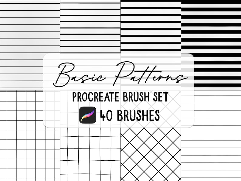May include: A digital illustration of a Procreate brush set featuring 40 basic patterns. The patterns include stripes, grids, and diagonal lines.