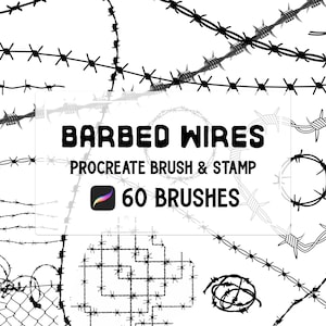 May include: A set of 60 Procreate brushes and stamps featuring barbed wire designs. The image shows various styles of barbed wire, including straight lines, circles, and a grid pattern.