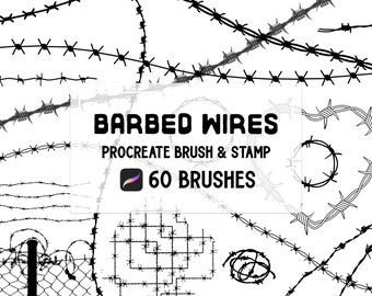 May include: A set of 60 Procreate brushes and stamps featuring barbed wire designs. The image shows various styles of barbed wire, including straight lines, circles, and a grid pattern.