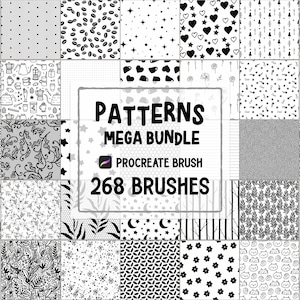 以下が含まれることがあります： Procreate 用の 268 個の白黒シームレスパターンコレクション。パターンには、幾何学模様、星、ハート、花、葉などが含まれています。