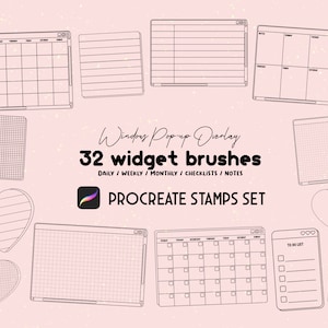 May include: A set of 32 Procreate stamps featuring window pop-up overlay widgets for digital planners. The stamps include daily, weekly, monthly, checklist, and note templates.