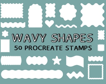 May include: A collection of white wavy shapes and stamps on a teal background. The text "WAVY SHAPES" and "50 PROCREATE STAMPS" are displayed in the center. Various shapes include rectangles, hearts, and stars.