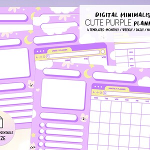 May include: Four printable planner templates in a cute purple colour scheme with a cloud and bunny design. The templates include a monthly, weekly, daily, and note page.