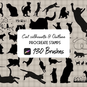130 Cat Silhouette & Outline Procreate Stamp brush Set