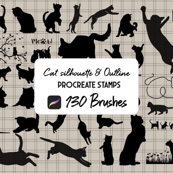 Ensemble de 130 brosses à timbres Procreate Silhouette et contour de chat