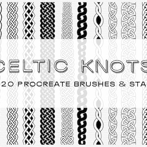 May include: A set of 120 Procreate brushes and stamps featuring Celtic knot designs. The image shows a variety of black and white knot patterns, including braids, twists, and interlacing designs.