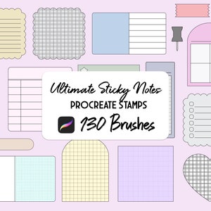 Könnte beinhalten: Ein Set mit 130 Procreate-Stempeln mit verschiedenen Haftnotiz-Designs. Die Notizen gibt es in verschiedenen Formen, Größen und Mustern, darunter liniert, kariert und mit Punkten. Der Text "Ultimate Sticky Notes" und "Procreate Stamps" wird in der Mitte des Bildes angezeigt, zusammen mit dem Procreate-Logo und der Zahl "130 Brushes".