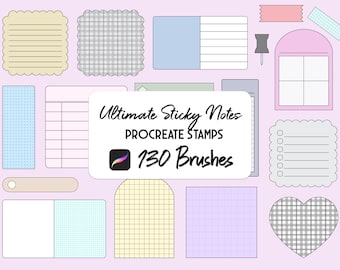 May include: A set of 130 Procreate stamps featuring various sticky note designs. The notes come in different shapes, sizes, and patterns, including lined, gridded, and polka dot. The text "Ultimate Sticky Notes" and "Procreate Stamps" is displayed in the center of the image, along with the Procreate logo and the number "130 Brushes".