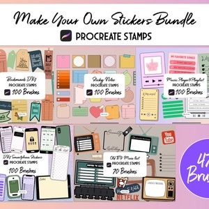 Peut inclure: Une illustration numérique d'un ensemble de 470 tampons Procreate pour créer des autocollants. Les tampons sont organisés en cinq catégories : signets, notes adhésives, lecteur de musique et liste de lecture, autocollants de smartphone DIY et liste de films anciens. Chaque catégorie a un schéma de couleurs différent et présente une variété de motifs.