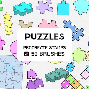 May include: A set of 50 Procreate stamps and brushes featuring various puzzle pieces in different colours and designs. The text "PUZZLES" is displayed in bold black letters, with the words "Procreate Stamps" and "50 Brushes" below it.