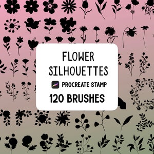 Peut inclure: Une collection de 120 silhouettes de fleurs noires et blanches pour Procreate. L'image montre une variété de formes et de tailles de fleurs, y compris des contours simples et des designs plus détaillés. Le texte "FLOWER SILHOUETTES" et "PROCREATE STAMP" est visible sur l'image.
