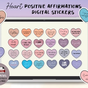 May include: A digital sticker set with 24 heart-shaped stickers featuring positive affirmations. The stickers are in various colors, including pink, blue, purple, and gray. The text on the stickers includes phrases like "I got this", "I am enough", "I care for myself", "I am ready", "I am on the right path for me", "I am not my mistakes", "My hard work will pay off", "I am driven", "I am safe", "I will try new things", "I deserve love and happiness", "I can make a real difference", "I am calm and at peace", "I give myself room to grow", "I choose to never apologize for being over myself", "I am constantly growing", "I am always learning", "I am enough just the way I am", "I get through anything", "Life is", "Be yourself", "I am not my mistakes".