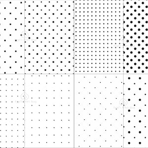May include: Eight different black and white patterns with various sized squares and circles. The patterns are arranged in a grid.