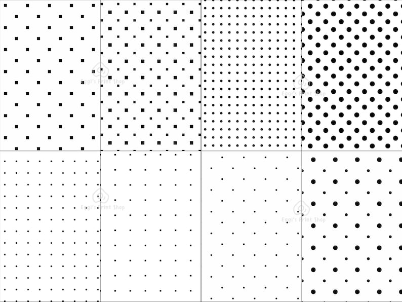 May include: Eight different black and white patterns with various sized squares and circles. The patterns are arranged in a grid.