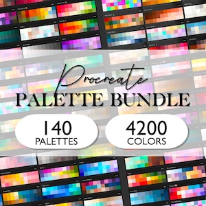 May include: A digital illustration of a Procreate Palette Bundle with 140 palettes and 4200 colors. The image shows a grid of color palettes, each with a different color scheme.