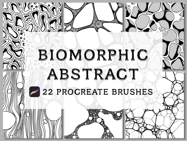 May include: A collection of 22 Procreate brushes featuring biomorphic abstract designs in black and white. The image showcases various patterns, including organic shapes, lines, and textures, with the words "BIOMORPHIC ABSTRACT" prominently displayed.