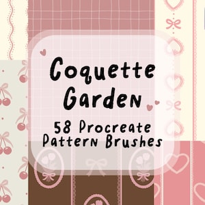 May include: A digital collection of 58 Procreate pattern brushes titled Coquette Garden, featuring various pink and cream backgrounds with repeating motifs of cherries, bows, hearts, and floral arrangements in oval frames, displayed as a collage.