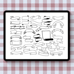 May include: A digital tablet screen displaying a collection of 30 hand-drawn black ribbon banners in various styles and sizes. The ribbons are on a white background.