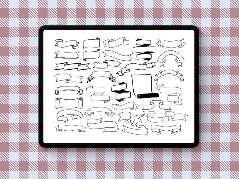 May include: A digital tablet screen displaying a collection of 30 hand-drawn black ribbon banners in various styles and sizes. The ribbons are on a white background.