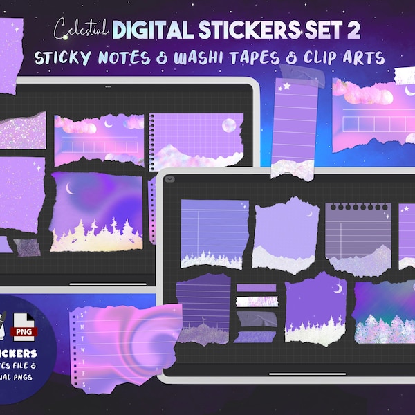 Celestial Digital Stickers Set 2 - Sticky notes, washi tapes, Goodnotes file, individual PNG