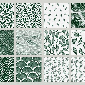 May include: Twelve square botanical patterns showcasing dark green leaves and foliage on white or light backgrounds. The designs vary, featuring different leaf shapes and arrangements. These nature-inspired patterns offer a diverse range of botanical motifs, suitable for various applications.