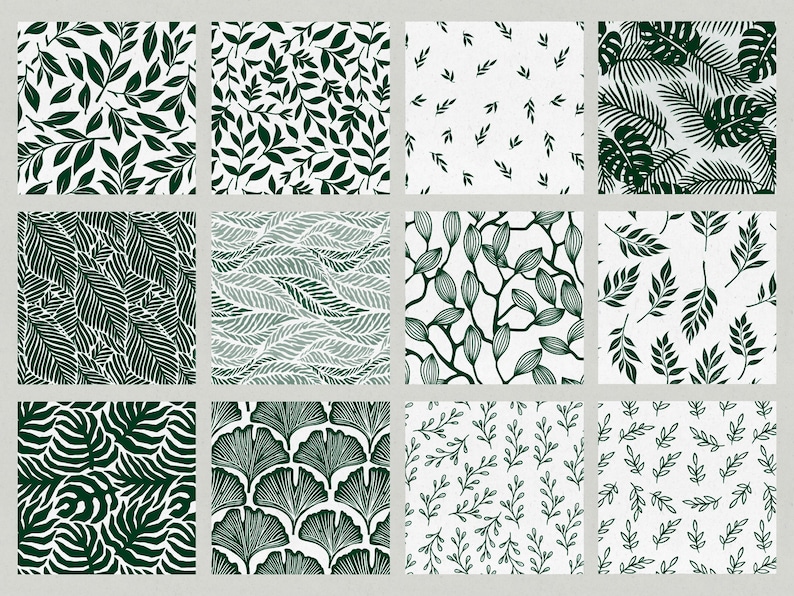 May include: Twelve square botanical patterns showcasing dark green leaves and foliage on white or light backgrounds. The designs vary, featuring different leaf shapes and arrangements. These nature-inspired patterns offer a diverse range of botanical motifs, suitable for various applications.