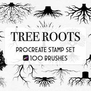 May include: A set of 100 Procreate brushes featuring black and white illustrations of tree roots in various styles. The text "TREE ROOTS" and "PROCREATE STAMP SET" are displayed in the center of the image. The text "100 BRUSHES" is displayed below the text "PROCREATE STAMP SET".