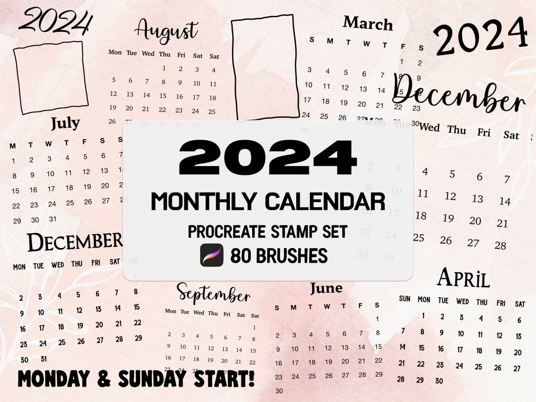 2024 Monthly Calendar Creator Procreate Stamp Brush Set Etsy
