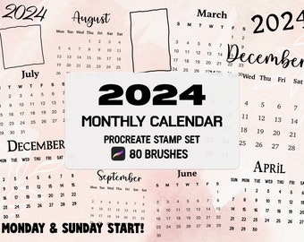 2024 Monthly Calendar Creator Procreate Stamp brush Set, Monday & Sunday start