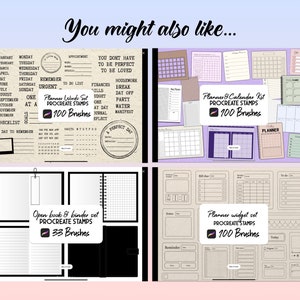 May include: Four digital planner and calendar sets for Procreate with a variety of layouts and designs. The sets include 100 and 33 brushes. The sets are displayed on a light blue and pink background.