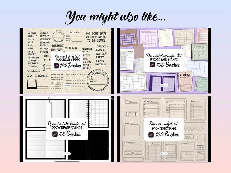 May include: Four digital planner and calendar sets for Procreate with a variety of layouts and designs. The sets include 100 and 33 brushes. The sets are displayed on a light blue and pink background.