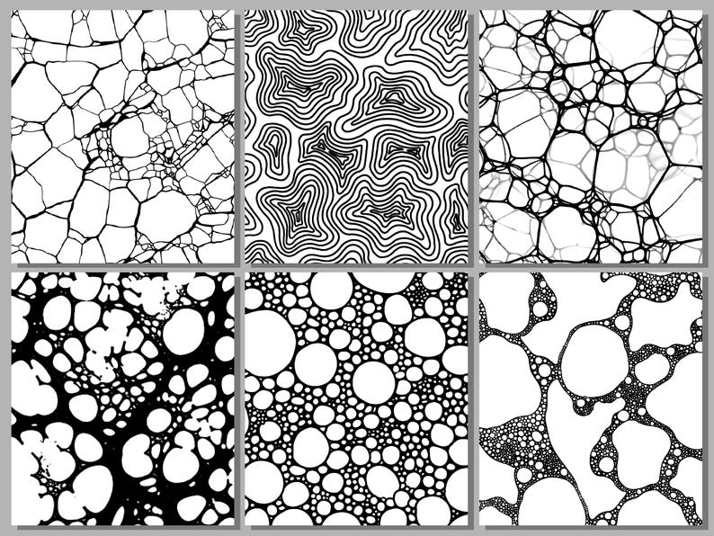 May include: Six abstract art prints with black and white designs. The prints feature various patterns, including cracked textures, contour lines, and bubble-like shapes. The artwork is displayed on a light gray background.