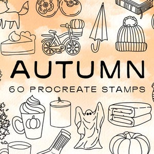 Könnte beinhalten: Ein Set mit 60 Schwarzweiß-Procreate-Stempeln mit Herbstmotiven. Die Illustrationen beinhalten einen Kürbis, ein Gespenst, eine Tasse Kaffee, ein Blatt, einen Hut, ein Fahrrad, einen Cupcake, einen Kuchen, einen Pilz, eine Eichel, ein Buch, einen Regenschirm, einen Fuchs und vieles mehr.