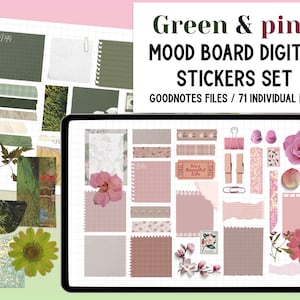 Mood Board Digital Stickers Set Green & Pink - Notas adhesivas, cintas washi, archivo Goodnotes, PNG individual