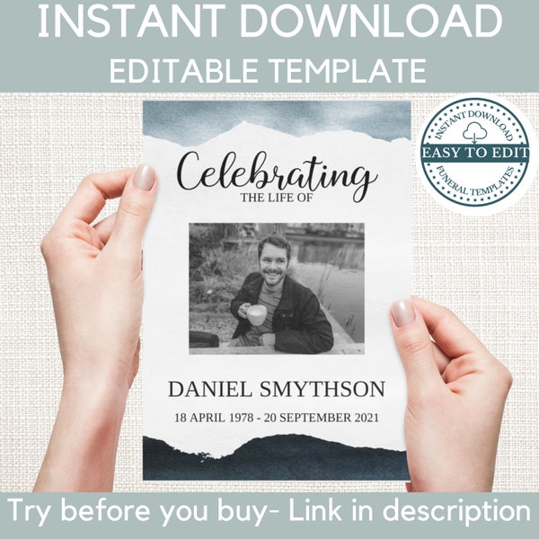 Editable Funeral Program Template For Men. Celebration Of Life or Memorial Service Template, Order Of Service, Funeral Template