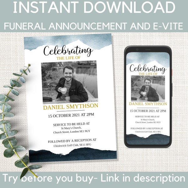 Funeral announcement template. Celebration of life funeral evite. Digital funeral invite and printable funeral invitation card.