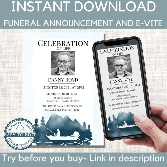 Funeral Announcement Template. Celebration of Life Funeral | Etsy