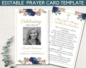 Editable Funeral Prayer Card Template, Printable Memorial Prayer Card Template, Pink and blue floral Funeral Prayer Card, Catholic Mass Card