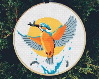 カワセミのクロスステッチ図案PDF、鳥の刺繍デザイン、自然アート