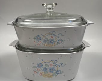 Cacerolas Corning Ware Country Cornflower con tapa, 2 y 3 litros - Utensilios para hornear vintage